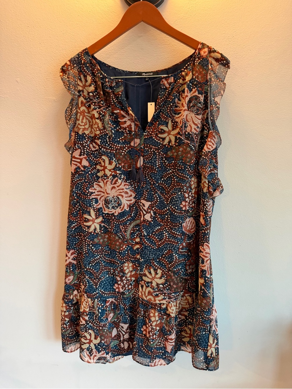 Madewell Floral Batik Tassel Mini Dress Blue Orange Ruffle Shift L NEW